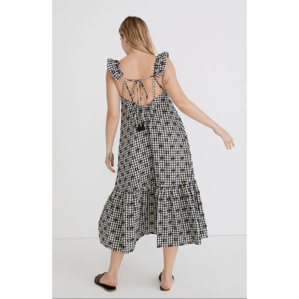 Madewell Dress‎ 10 Black Gingham Ruffle Strap Tiered Midi Sundress Feminine